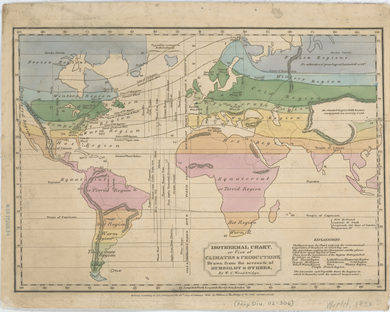 Isothermal chart, or, View of climates & productions / drawn from the accounts of Humboldt & others, by W.C. Woodbridge., Digital ID 465012, New York Public Library