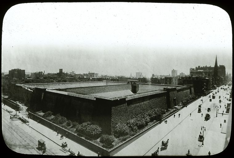 Croton reservoir in 1900, in process of demolition., Digital ID 465501, New York Public Library