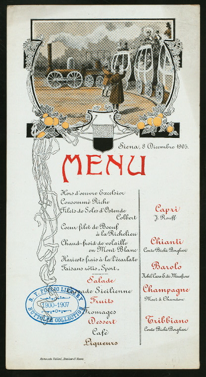 DAILY MENU [held by] [RISTORANTE VALIANI?] [at] "SIENA, ITALY" (FOR;), Digital ID 472313, New York Public Library