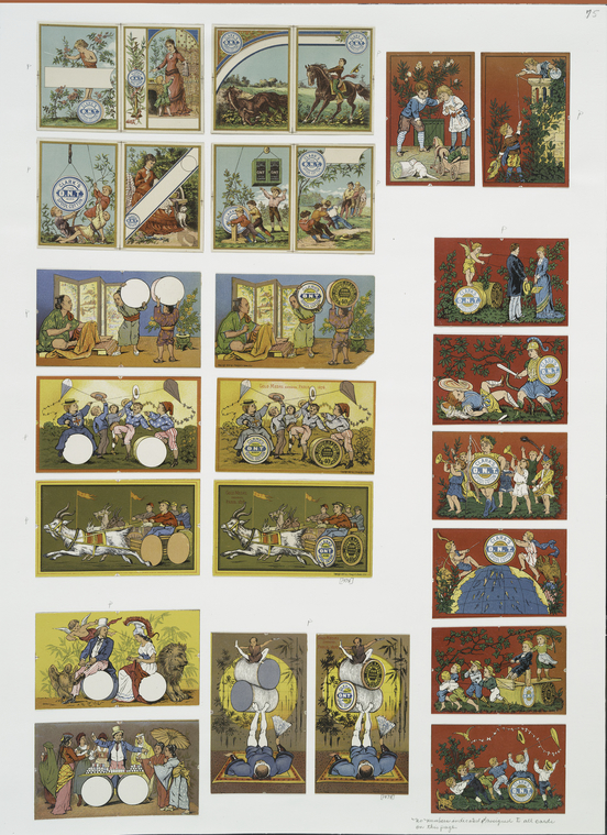 Trade cards for Clark's Spool Cotton, depicting various illustrations of people playing music, working, flying kites, performing tricks, fighting, and horses, lions, birds, cats, dogs., Digital ID 482958, New York Public Library