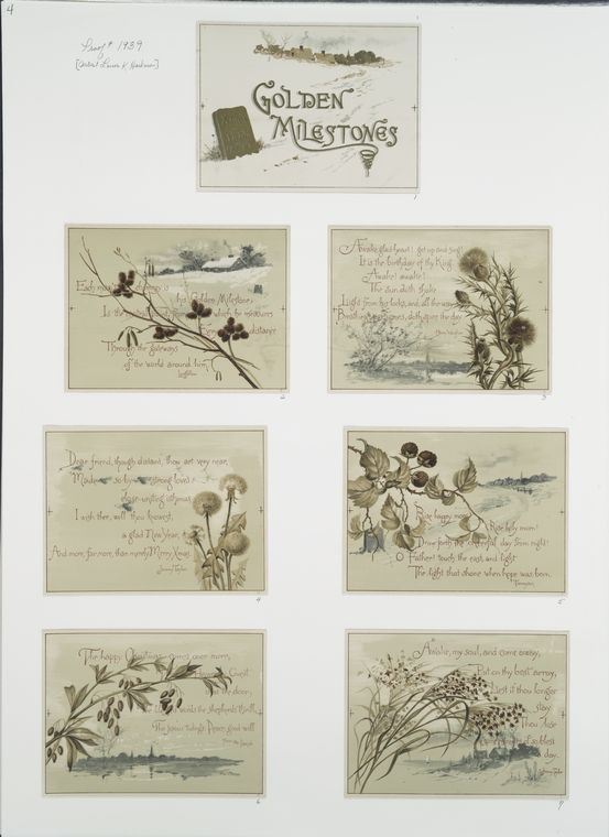 Cards with literary quotations, depicting gravestones, landscapes, berries, plants and bees., Digital ID 486298, New York Public Library