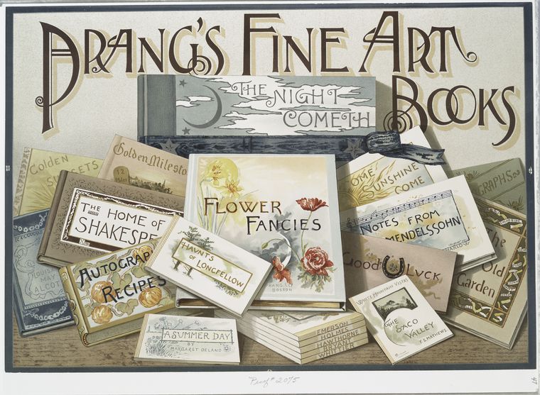 Prang's Fine Art Books. [Poster depicting several of Prang's books, including The Night Cometh, Flower Fancies, Haunts of Longfellow, The Saco Valley, A Summer Day, and more.], Digital ID 487288, New York Public Library