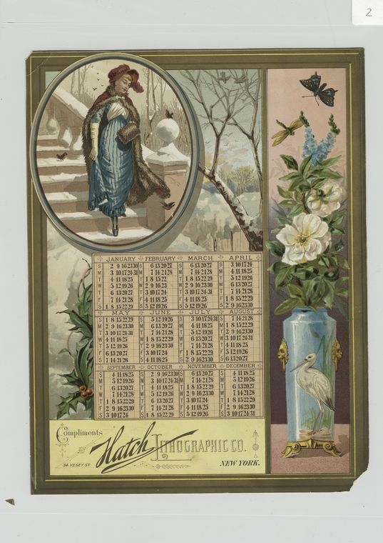 [A calendar and trade card depicting birds, winter, snow, butterfly, holly, a vase of flowers and a women walking down stairs], Digital ID 488042, New York Public Library