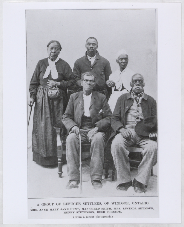 A group of refugee settlers, of Windsor, Ontario.  Mrs. Anne Mary Jane Hunt, Manfield Smith, Mrs. Lucinda Seymour., Digital ID 497459, New York Public Library