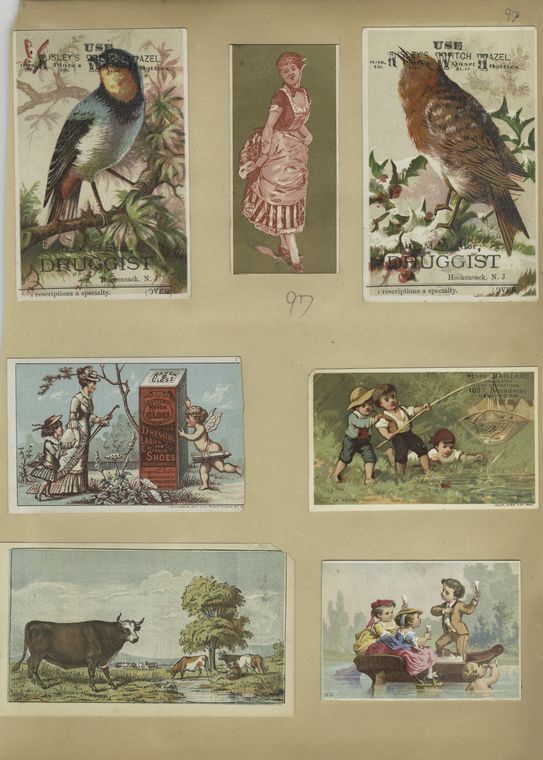 Trade cards depicting birds, cows, a woman holding a mask, children fishing with a net, children eating and drinking on a boat and cupid presenting a woman and child with shoe polish., Digital ID 498961, New York Public Library