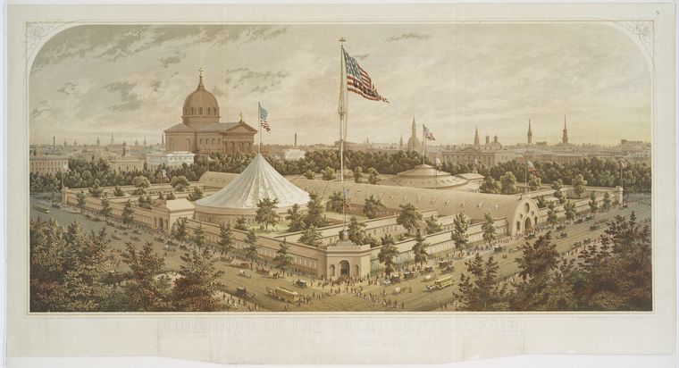 Buildings of the Great Central Fair, in aid of the U.S. Sanitary Commission Logan Square, Philadelphia, June 1864., Digital ID 55030, New York Public Library