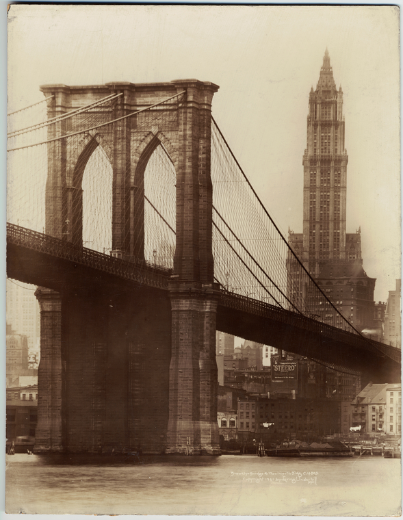 Brooklyn Bridge and Woolworth Building.,Brooklyn Bridge & Woolworth B'Ldg., Digital ID 800560, New York Public Library