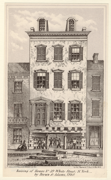 Raising Of House No. 39 White Street, N. York, By Brown & Adams, 1860.,Raising of house number 39 White Street, New York, by Brown & Adams, 1860., Digital ID 800714, New York Public Library