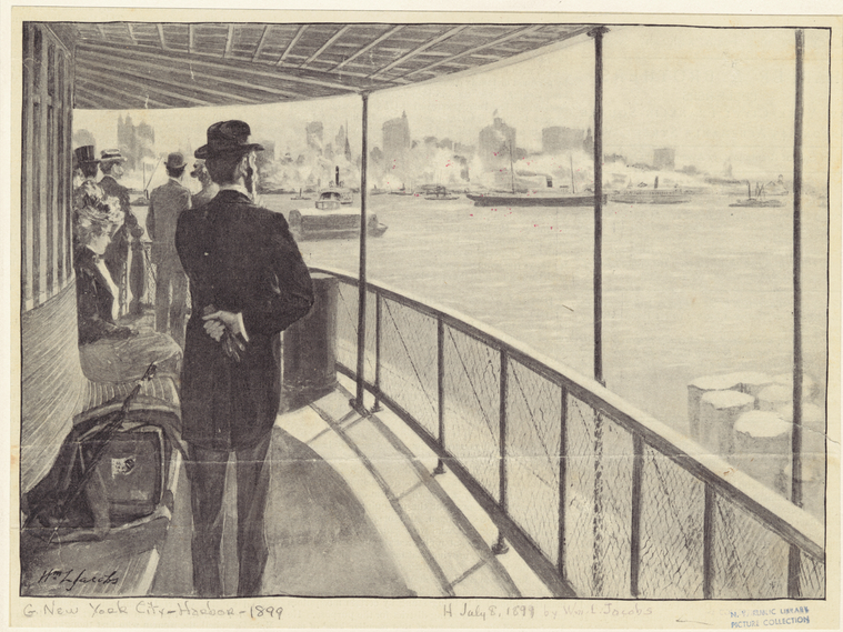 [Passengers Aboard A Ferry, Overlooking New York Harbor, 1890s.], Digital ID 805029, New York Public Library