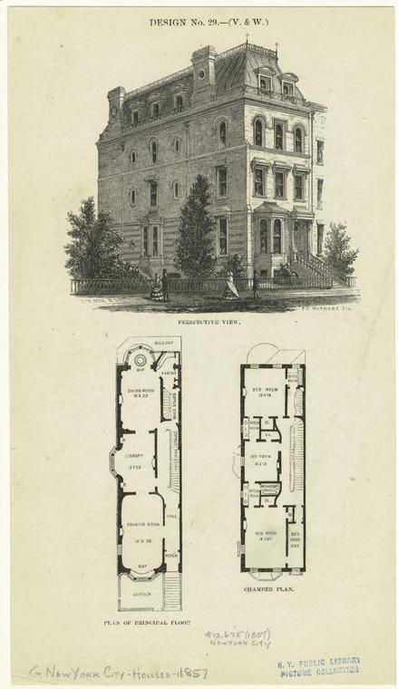 [Perspective View And Floor Plans Of A Three-Bedroom House In New York City, 19th Century.], Digital ID 805465, New York Public Library