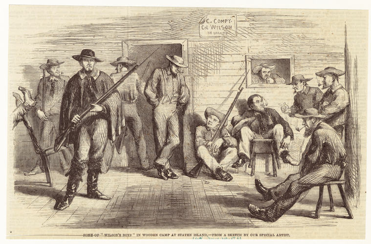 Some Of "Wilson'S Boys" In Wooden Camp At Staten Island., Digital ID 805749, New York Public Library