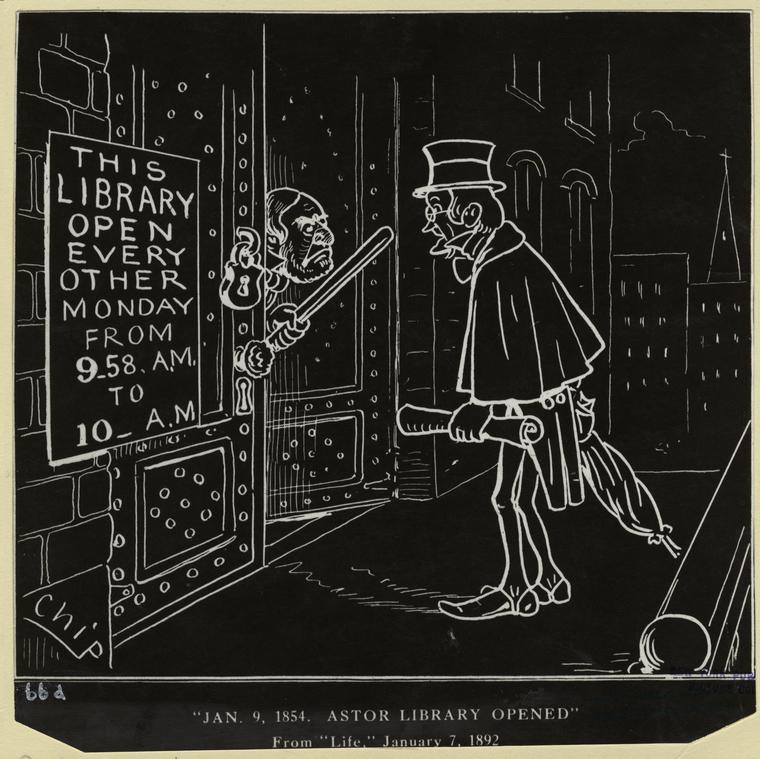 "Jan. 9, 1854, Astor Library Opened.","January nine, 1854, Astor Library opened.", Digital ID 805996, New York Public Library