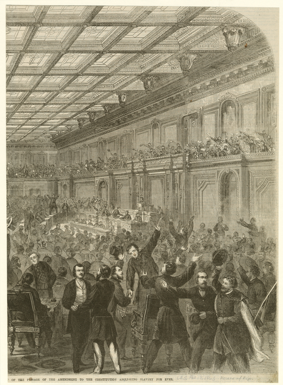 of the ,[Exciting scene in the House of Representatives, January 31, 1865, on the announcement] of the passage of the amendment to the Constitution abolishing slavery forever., Digital ID 813691, New York Public Library