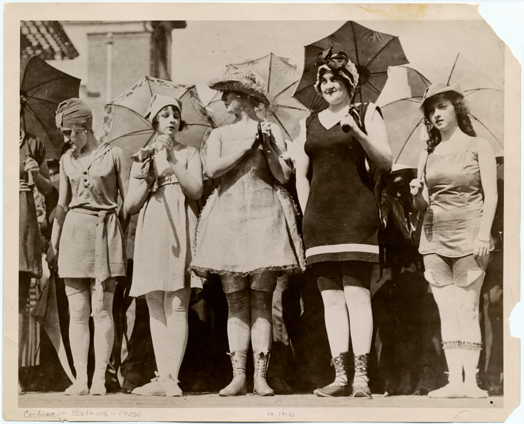 [Women In Bathing Suits With Parasols, Ca. 1910s.], Digital ID 817683, New York Public Library