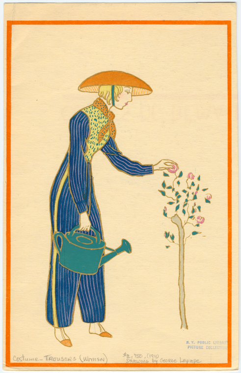 [Woman Wearing Trousers Holding A Watering Can And Examining Flowers.], Digital ID 828207, New York Public Library