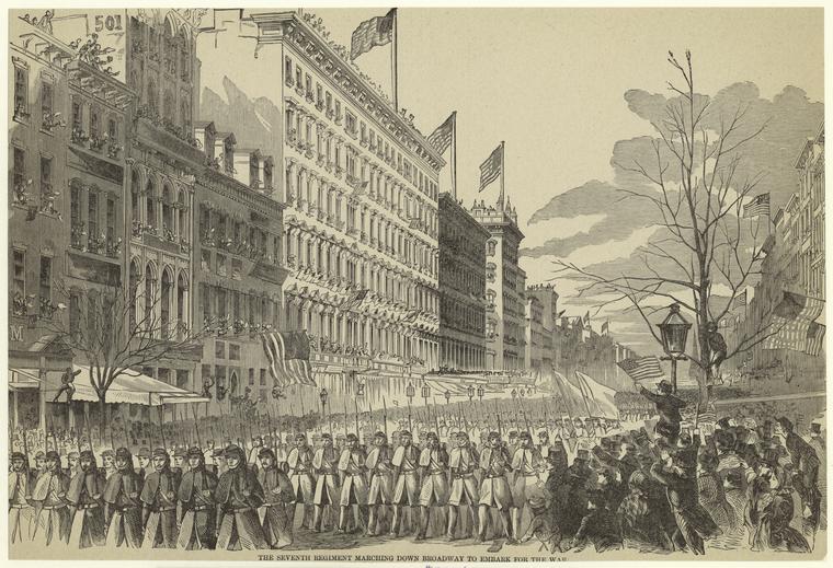 The Seventh Regiment Marching Down Broadway To Embark For The War.,7th Regiment marching down Broadway to embark for the war., Digital ID 831489, New York Public Library