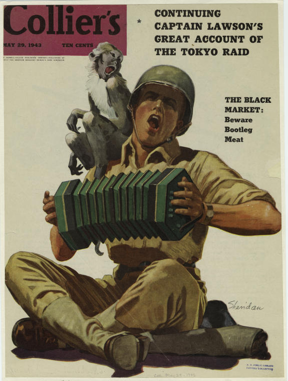 [American soldier singing and playing the accordion, with a monkey on his shoulder.], Digital ID 832195, New York Public Library