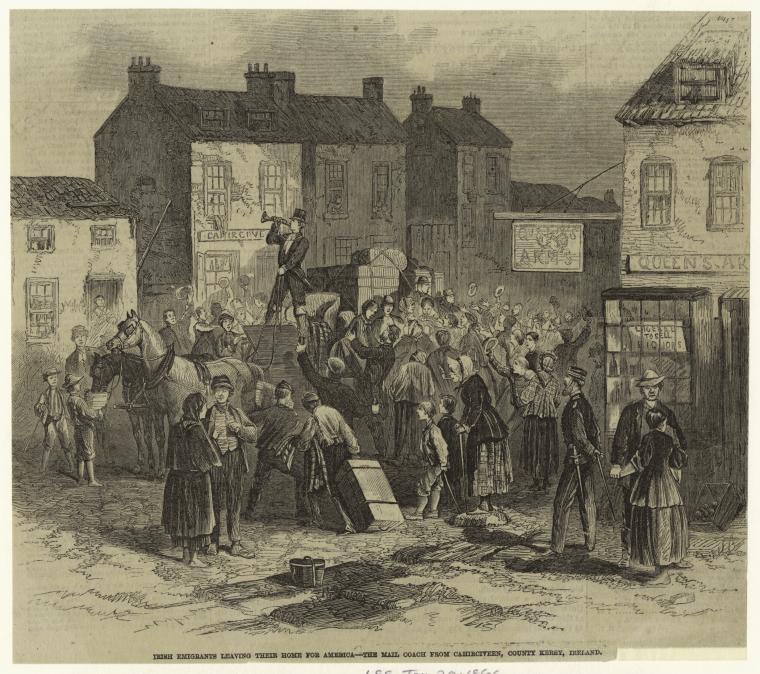 Irish Emigrants Leaving Their Home For America -- The Mail Coach From Cahirciveen, County Kerry, Ireland., Digital ID 833634, New York Public Library