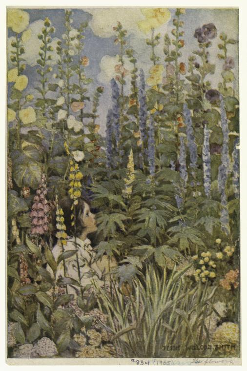 [Girl seated in flower garden.], Digital ID 835192, New York Public Library