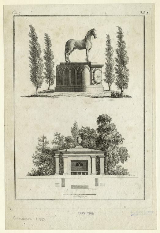 [Statue of a horse on an inscribed pedestal and garden structure with seating.], Digital ID 835223, New York Public Library