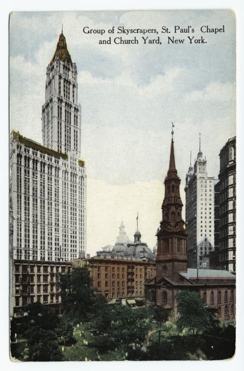 Group of Skyscrapers, St. Paul's Chapel and Church Yard, New York, Digital ID 836379, New York Public Library