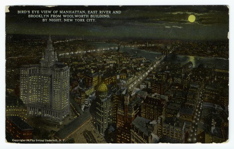 Bird's eye view of Manhattan, East River and Brooklyn from Woolworth Building, by night, New York City., Digital ID 836833 , New York Public Library