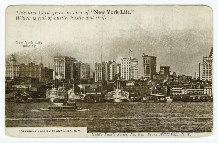 [New York City skyline, 1906].,Huld's Puzzle Series, no. 8-a., Digital ID 836963, New York Public Library