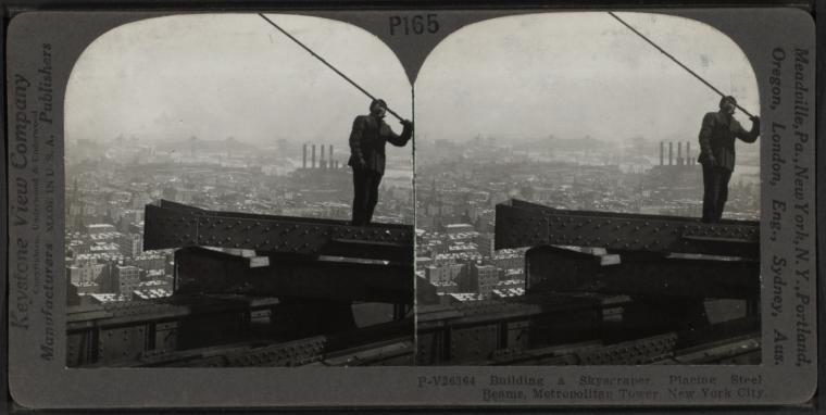 P165 -- Building a Skyscraper -- Putting Steel Beams in Place, Metropolitan Tower, N. Y. City.,Building a Skyscraper, Placing Steel Beams, Metropolitan Tower, New York City., Digital ID G91F204_027F, New York Public Library