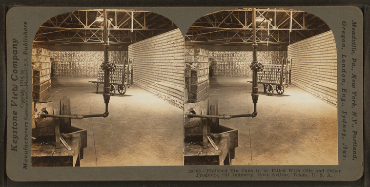 Finished tin cans to be filled with oils and other products, Oil Industry, Port Arthur, Texas, U.S.A.., Digital ID G92F037_035F, New York Public Library