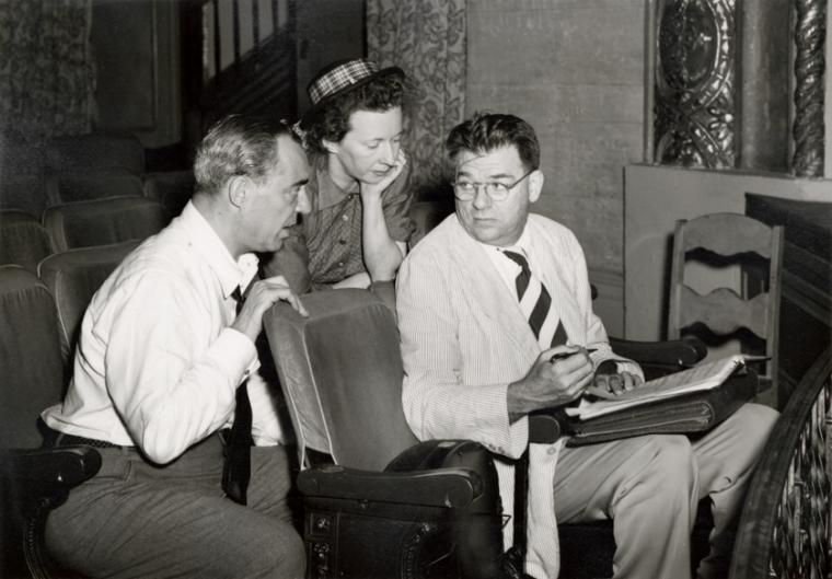 [Richard Rodgers (music), Agnes De Mille (director and choreographer) and Oscar Hammerstein II (book and lyrics) at rehearsal for Allegro], Digital ID PSNYPL_THE_4533, New York Public Library