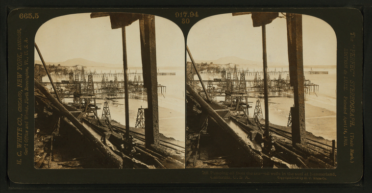 Pumping oil from the sea - oil wells in the surf of Summerland, California, U.S.A.,no. 768., Digital ID g89f364_060f, New York Public Library