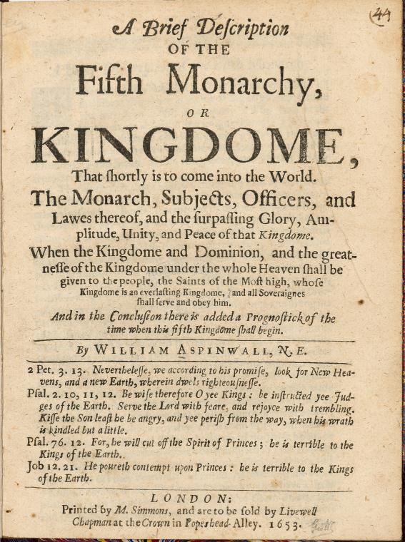 A brief description of the Fifth Monarchy, or Kingdome, that shortly is to come into te world.  [title page]., Digital ID ps_rbk_468, New York Public Library