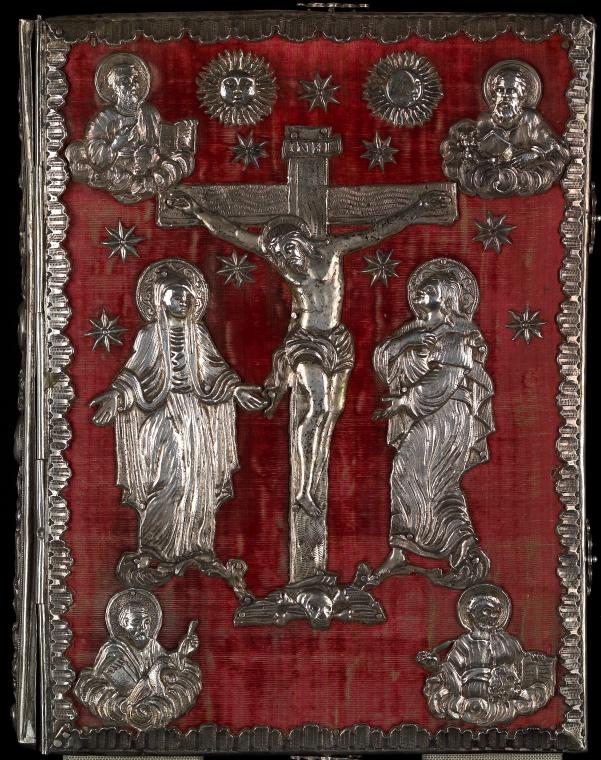  red velvet with silver repoussé of Jesus on the cross with the Virgin Mary at left and St. John at right and busts of the four Evangelists in each corner.], Digital ID ps_spn_274, New York Public Library