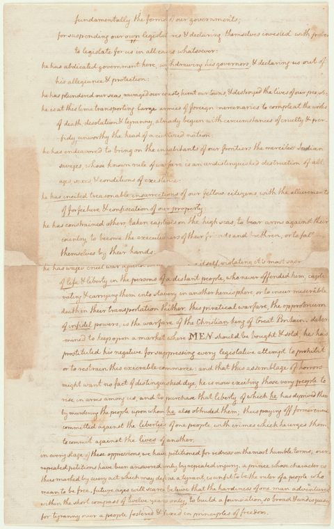 Declaration of Independence.  Draft in the handwriting of Thomas Jefferson., Digital ID psnypl_mss_1231, New York Public Library