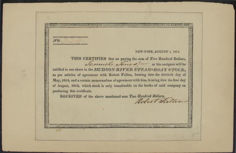 1814, Aug., Stock certificate for one share of H.R. Steamboat Co. made out to Samuel Jones, Jr., Digital ID rf_0961814, New York Public Library