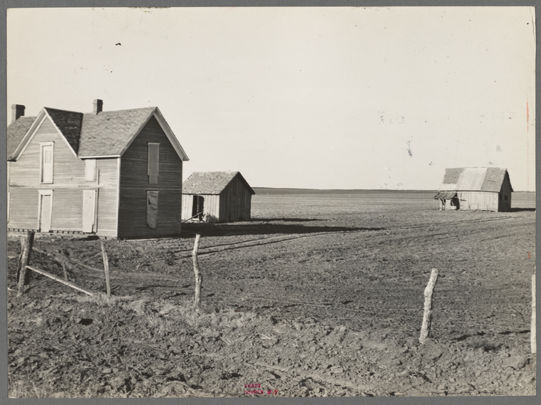 Photograph of an abandoned farm in the Dust Bowl, 1938