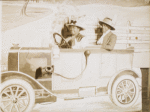 Postcard of two unidentified women pretending to drive by posing in a mock automobile.