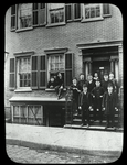 Rivington Street, young men in front of "147 Forsyth St. Neighborhood Guild Library in hall bedroom over front door," parent of Rivington St. Branch