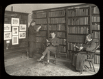 Webster: Interior views, Three readers in the Czech reference corner,, exhibit case at right