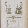 Nos. 1 et 2. Peintures exécutées dans les panneaux de la chambre du cit. V. 3. Frise exécutée dans la même chambre. 4. Vase exécuté cinq fois plus grand que le dessin. 5 et 6. Face et profil d'une table exécutée par les frères Jacob.