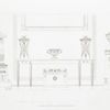 Sideboard adorned with emblems of Bacchus and of Ceres. Cellaret ornamented with amphoræ and with figures, allusive to the liquid element. To the right, a sloping altaror pedestal, surmounted by a vase. To the left, a lofty candelabrum, destined to support a torch. On the table, a vase with Bacchanalian marks, placed between two cassolettes: over the same a picture, representing a Bacchanalian procession: the picture-frame of mahogany and gold, strengthened at the corners by metal gilt clasps.