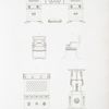 No. 1 and 2. Front and end of a large library or writing-table, flanked with paper presses, or escrutoirs. No. 3 and 4. Front and side of an arm-chair. No. 5. Flat cup of rosso antico, placed on tripod of bronze: bronze ornaments round the triangular pedestal. For the plan of this pedestal see Plate 54, No. 3.