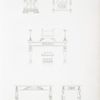 No. 1. Tripod table, supported by chimæras. A plan of this table is found in Plate 54, No. 1.; No. 2. End of a table, belonging to the music room, and adorned with an antique lyre.; No. 3. Table, on which stands a glazed cafe or shade, between two candlesticks. No. 4 and 5. Front and end of a table, under which is introduced a flower basket.