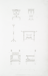 No. 1 and 2. Two views of a tea-table, with very projecting horizontal handles. Under this tea-table, on a tablet supported by pheasant's feet, ending in a scroll, stands a tea-chest with perpendicular handles.; No. 3. Tripod table.; No. 4. Bronze candelabrum.; No. 5 and 6. Front and side of a large arm-chair.