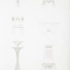 No. 1. End of a narrow pier table, from the rail of which hangs a broad fringe, carved in wood.; No. 2 and 3. Mahogany chairs, inlaid in metal and ebony. See Plate 26, No. 6, a side view of the chair, No. 3.; No. 4. Wine cooler, in the shape of an antique bath of lavacrum.; No. 5. Candelabrum, composed of a lotus flower issuing from a bunch of ostrich feathers.; No. 6. Pedestals belonging to a sideboard; imitated from an Etruscan altar in the Villa Borghese. For the plan of this pedestal see Plate 55, No. 2.