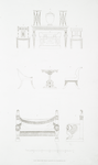 No. 1 and 2. Two chairs.; No. 3. Front view of a table ; No. 4. Box or coffer, imitated from an ancient sarcophagus of verde antico ; No. 5 and 6. Side views of two mahogany chairs; No. 5 is the side view of the chair, Plate 24, No. 3.; No. 7. End of a table.; No. 8 and 9. Settee.