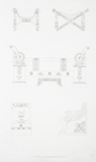 No. 1. Folding stool, with ram's head and hoof extremities: loose drapery thrown over the seat.; No. 2. Folding stool, formed of antique swords, crossed.; No. 3. Bedstead of mahogany and bronze.; No. 4. Toilet stand for ewer and basin, No. 5. End of the sofa in the room, Plate 5.