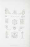 No. 1. Ornament of the corner tiles on the pediment of the library table, Plate 11, No. 1.; No. 2. Ornament of the semi-circular tiles on the roof or top of the library table, Plate 11, No. 2.; No. 3. Ornament of the corner tiles on the pediment of the dressing-glass, Plate 14, No. 3.; No. 4. End of the clasps of the tea-chest, under the tea-table, Plate 22, No. 2.; No. 5. Chain belonging to the bronze lamp, in the room Plate 5.; No. 6. Top of the legs which support the cassolettes on the sideboard, Plate 9.; No. 7. Capital of the pilasters belonging to the dressing-glass, Plate 14, No. 3.; No. 8. Rosette, on the cover of the bronze and gold vases, Plates 34, 35, and 36.; No. 9. Capital of the pilasters belonging to the settee, Plate 26, No. 8 and 9.; No. 10. Ancient drinking-horn.; No. 11. Ornament formed of a swan carrying a mask; introduced in the cassolettes on the sideboard, Plate 9.; No. 12. Claw supporting a plinth.; No. 13. Ornament in the frieze of the table, Plate 15, No. 4.; No. 14. Ornament in the frieze of the library table, Plate 11, No. 2.; No. 15. Other ornament in ditto.