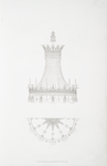 Elevation and plan of a bronze gilt chandelier, ornamented with drops, prisms, &c. of cut glass.