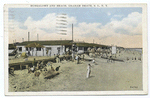 Bungalows and Beach, Graham Beach, Staten Island, N.Y.  [buildings, wood walkway and people on sand.]